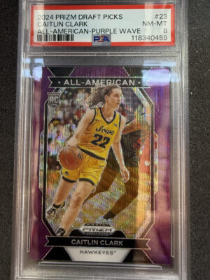 2024 Panini Prizm Draft Picks 23 Caitlin Clark All-American-Purple Wave PSA 8