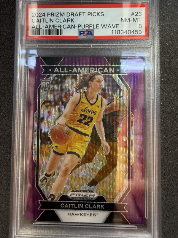 2024 Panini Prizm Draft Picks 23 Caitlin Clark All-American-Purple Wave PSA 8