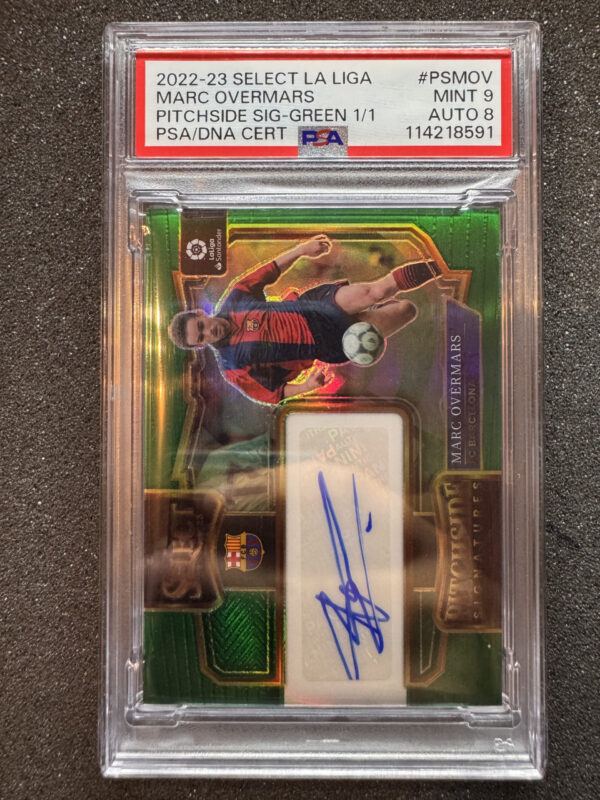 2022-23 Panini Select La Liga Marc Overmars PSMOV Pitchside Signatures Green 1/1 PSA 9 Auto 8