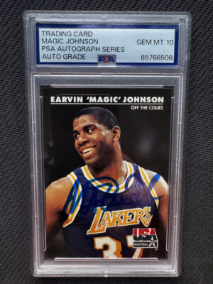 1992 SkyBox USA 32 Magic Johnson Off The Court Auto on Card PSA 10
